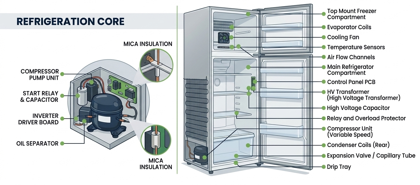 Refrigerator Service Guide technical diagram of cooling components and Inverter driver board